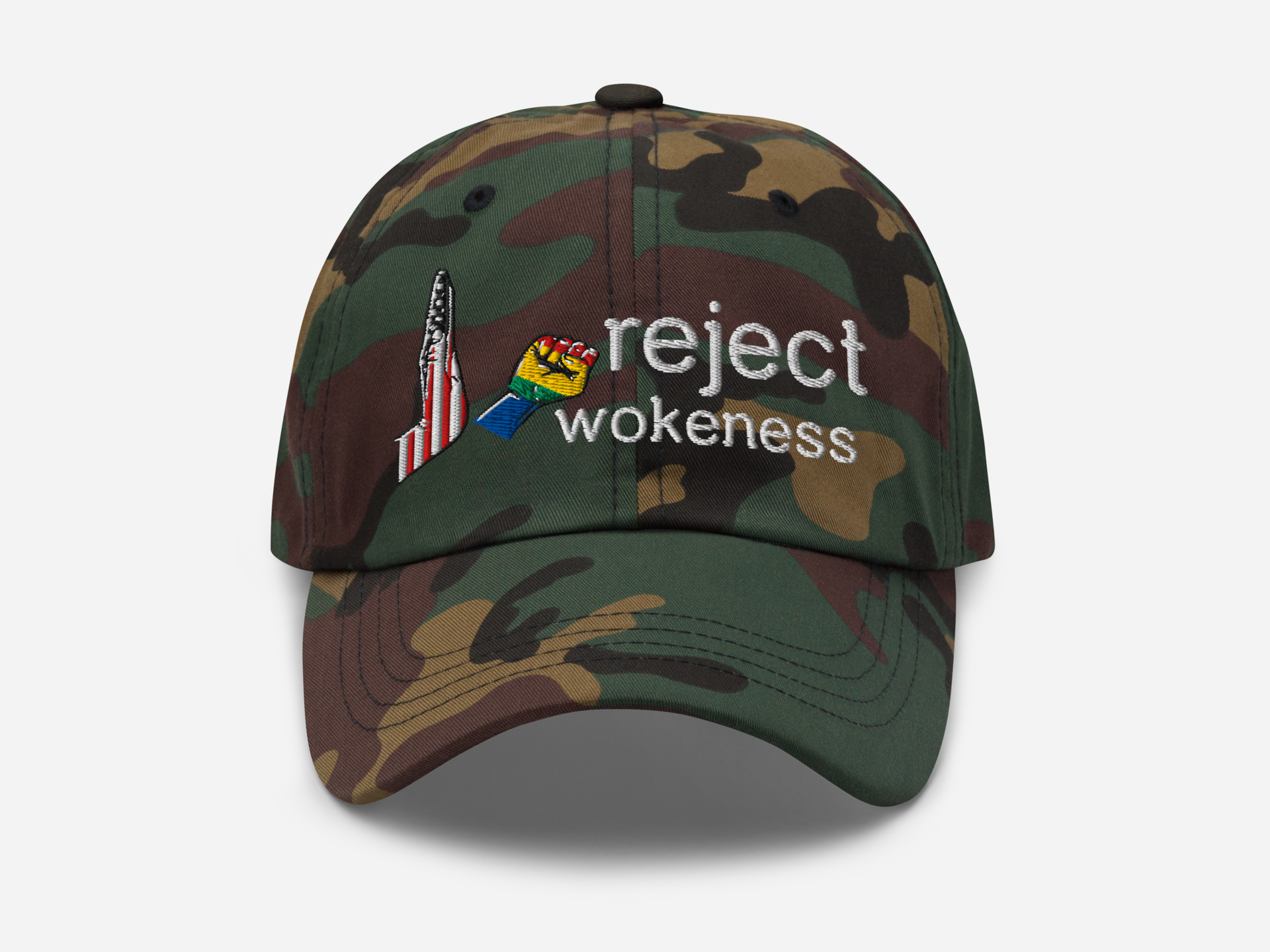 green camouflage dad hat with 'reject wokeness' embroidered in white text, accompanied by a colorful fist and a stylized American flag design on the front, displayed against a white background