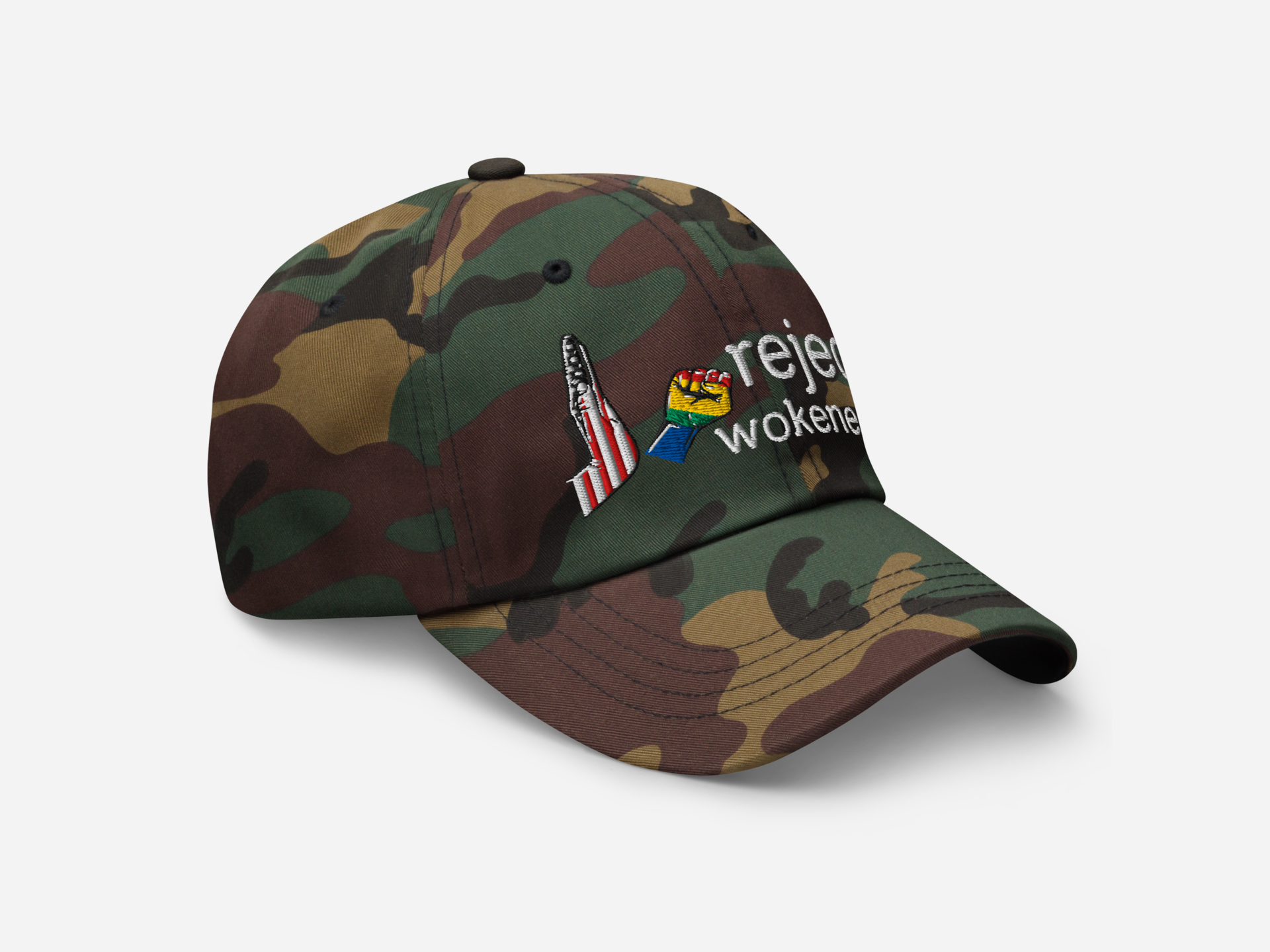 Green camouflage dad hat featuring 'reject wokeness' embroidered in white text, with a colorful fist and American flag design, shown at a right-angled front view on a white background